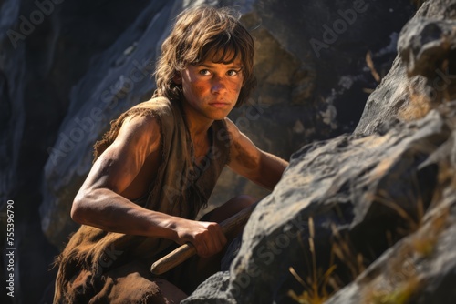 A teenage Neanderthal boy practicing hunting skills amidst the rugged terrain, displaying resilience and focus.