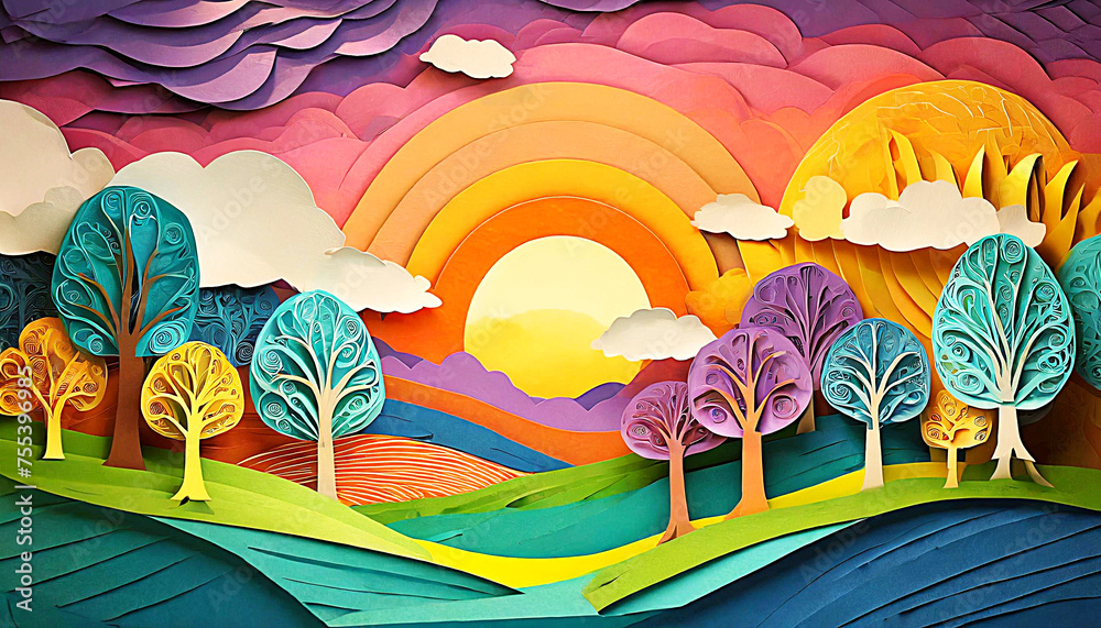 종이로 만든 나무와 석양이 있는 다채로운 꿈의 풍경