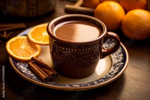 Champurrado  a hot beverage served with cinnamon and an orange slice on the rim of the cup.