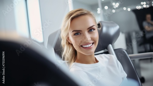 A happy woman patient in a dental chair is being examined by a dentist, an orthodontist in a dental clinic. Teeth whitening, Brushing, Braces, Veneers, Health Care, Oral Hygiene. © liliyabatyrova