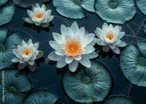 .Lotus flower with leaves in pond   . Top view  flat lay  natural background   .