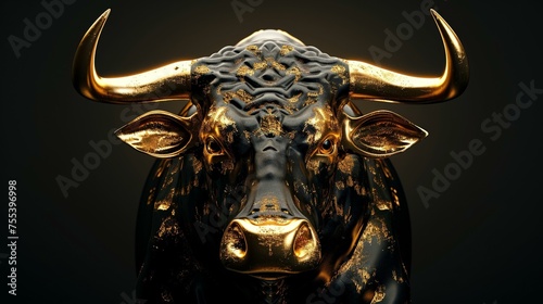 Luxurious 3D gold bull on a sleek black background, symbolizing market optimism