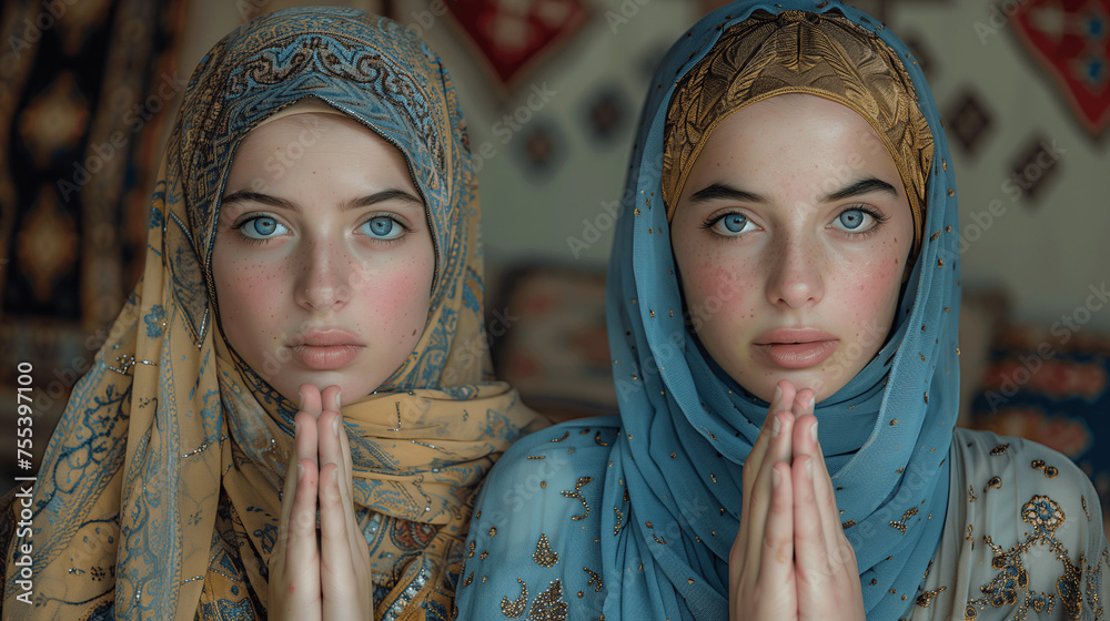 Two Young Women with Headscarves in Traditional Attire - obrazy, fototapety, plakaty 
