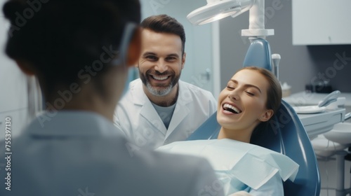 A smiling woman patient in a dental chair is being examined by a dentist, an orthodontist in a dental clinic. Teeth whitening, Brushing, Braces, Veneers, Health Care, Oral Hygiene.