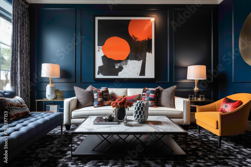 A stylish living room featuring an empty white frame on a wall dressed in a sophisticated  dark navy blue hue  balanced by sleek furniture and sporadic bursts of colorful decor accents.