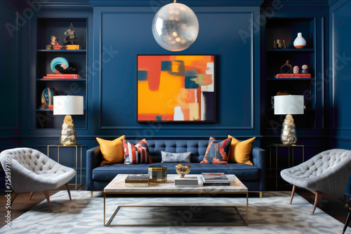 A stylish living room featuring an empty white frame on a wall dressed in a sophisticated, dark navy blue hue, balanced by sleek furniture and sporadic bursts of colorful decor accents.