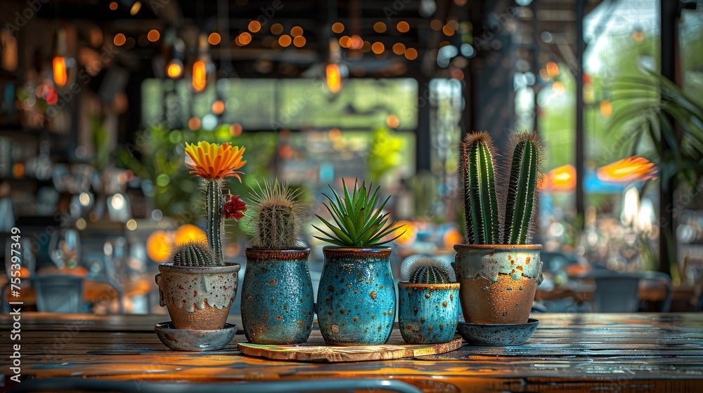 A collection of succulents displayed on a table in a dining establishment.