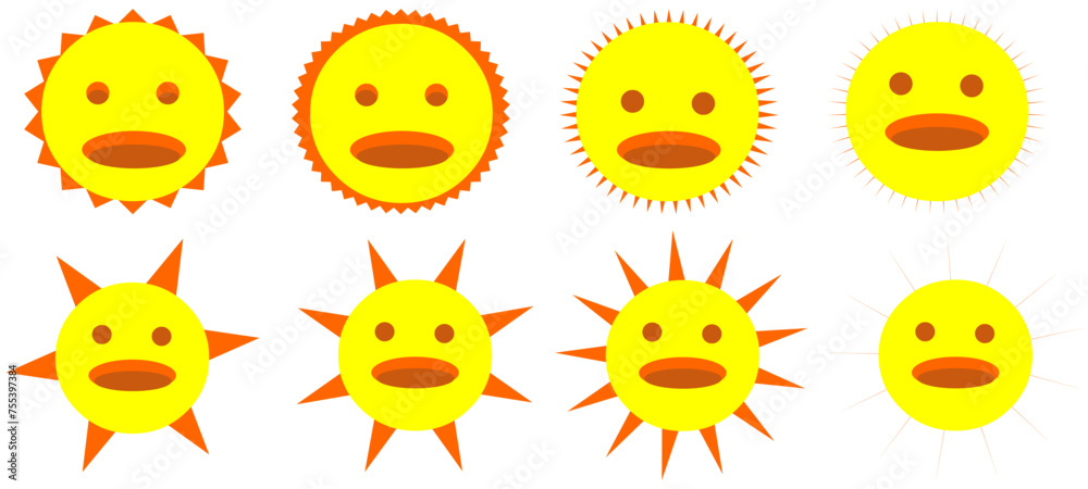 Sun characters.comic suns funny faces. Isolated flat cartoon yellow summer symbols. Doodle hot weather, abstract seasonal decent vector 