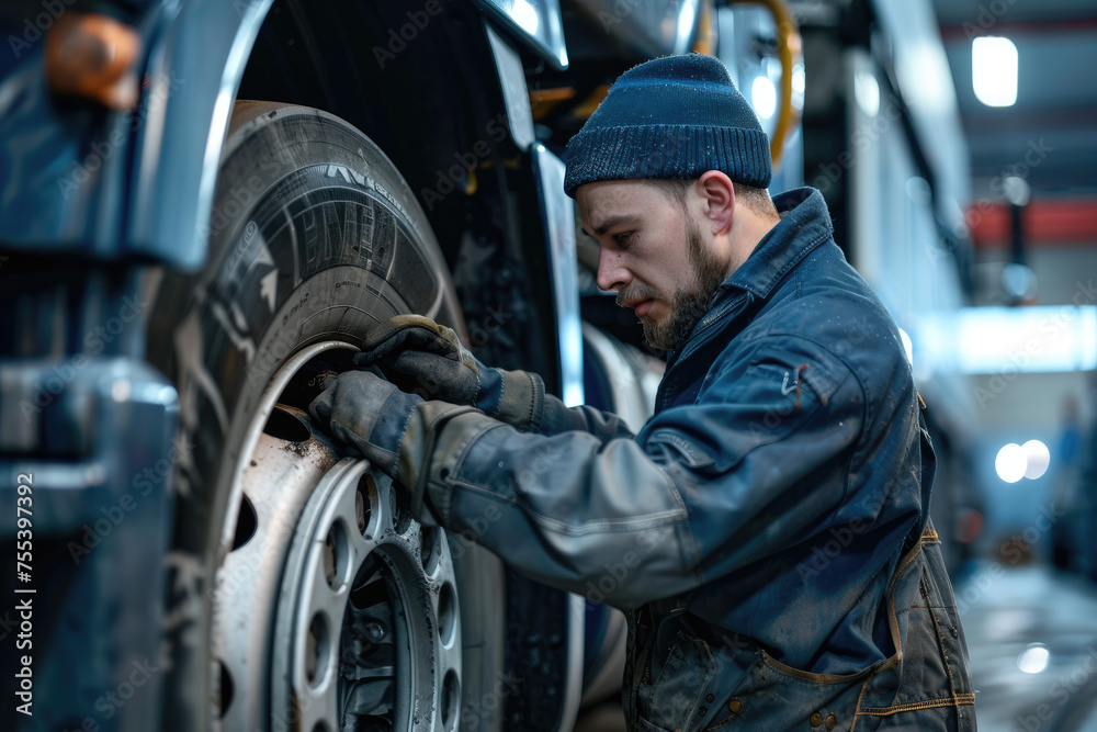Truck mechanic repairing wheels on vehicle in workshop
