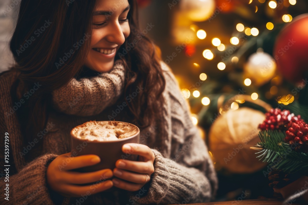 Naklejka premium Photo of a person enjoying Champurrado at home, surrounded by festive holiday decorations and cozy winter vibes