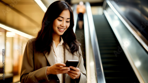 Business Woman on an Escalator Looking at her Mobile Phone