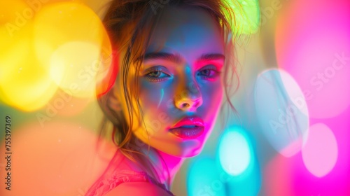 Portrait of a young woman in neon colors. A highlight of color on the face. Chromatic aberration in fashion editorial.