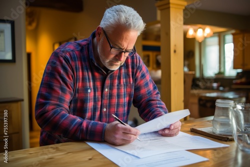 
Photo of a middle-aged man reviewing a printed blood analysis report with concern.