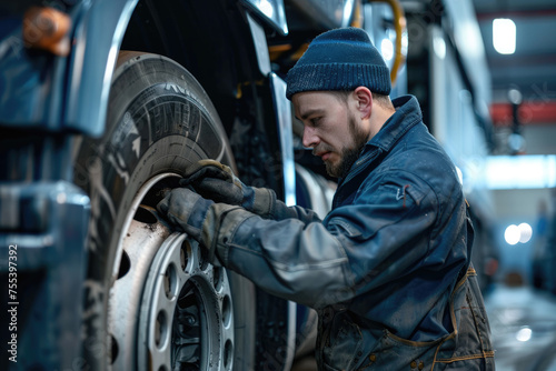 Truck mechanic repairing wheels on vehicle in workshop © Kien
