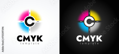 Logo CMYK Circle halftone dots color print. Polygraphy theme. Template design vector.