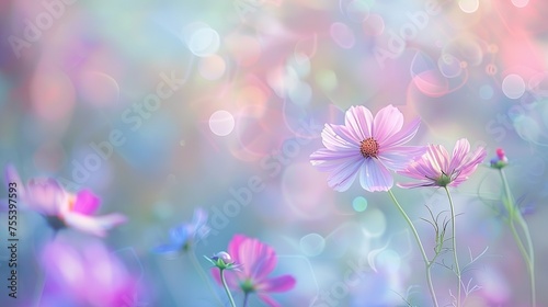 Blurred of cosmos flower in the bokeh soft blur pastel color for background. ,generative ai, 