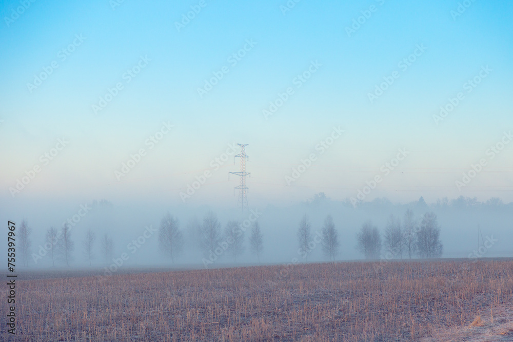 A beautiful foggy morning during early winter. Misty sunrise landscape of Northern Europe.