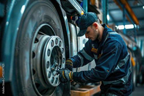 Truck mechanic repairing wheels on vehicle in workshop