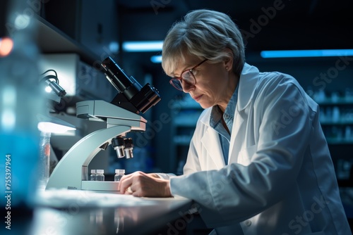 Photo of a senior female laboratory analyst concentrating on examining blood samples under a microscope.