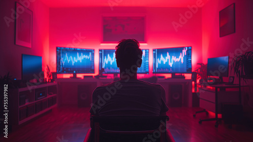 Trader Monitoring Financial Charts on Multiple Computer Screens in a Dark Room