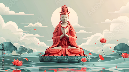 Statue of the Goddess Guanine Bodhisattva with Sun the goddess of mercy vector illustration, Guanyin statue cop space, ai generated photo