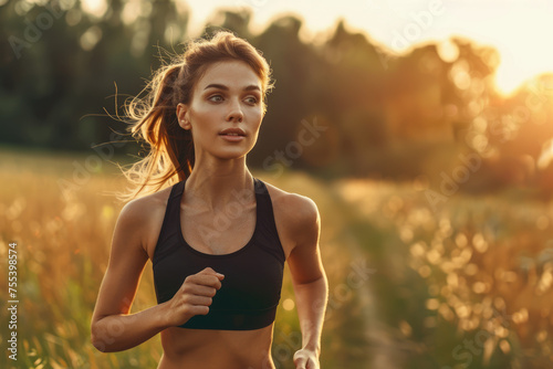 Young attractive woman with perfect slim body running outdoors