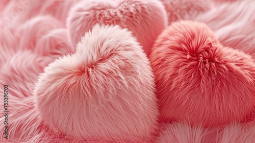 Fuzzy Love. 3D Fur Hearts Textured with a Pastel Pink and Red Color Palette, Adding Warmth and Softness to Romantic Designs.