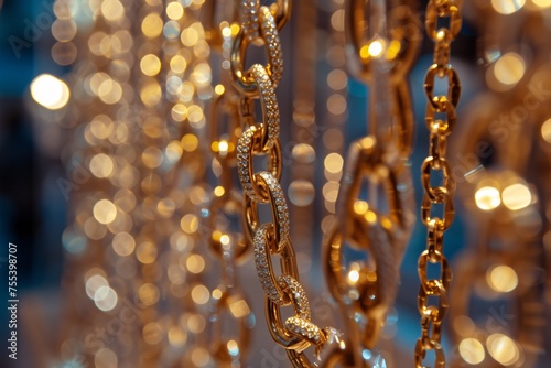 Shiny gold chain necklace displayed in a women's boutique. Standing upright. © ckybe