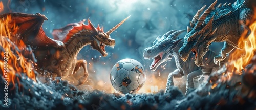 A fantasy football league final with mythical creatures like unicorns and dragons