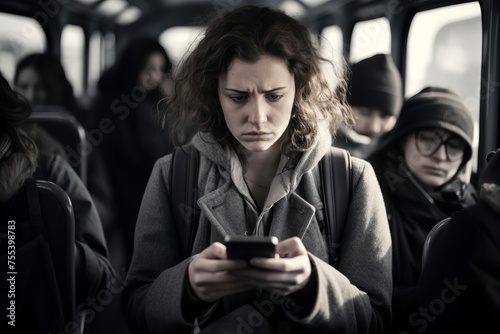  Photo of a young woman, age 22, Caucasian, sitting on a bus, her eyes welling up with tears as she receives heartbreaking news on her phone.
