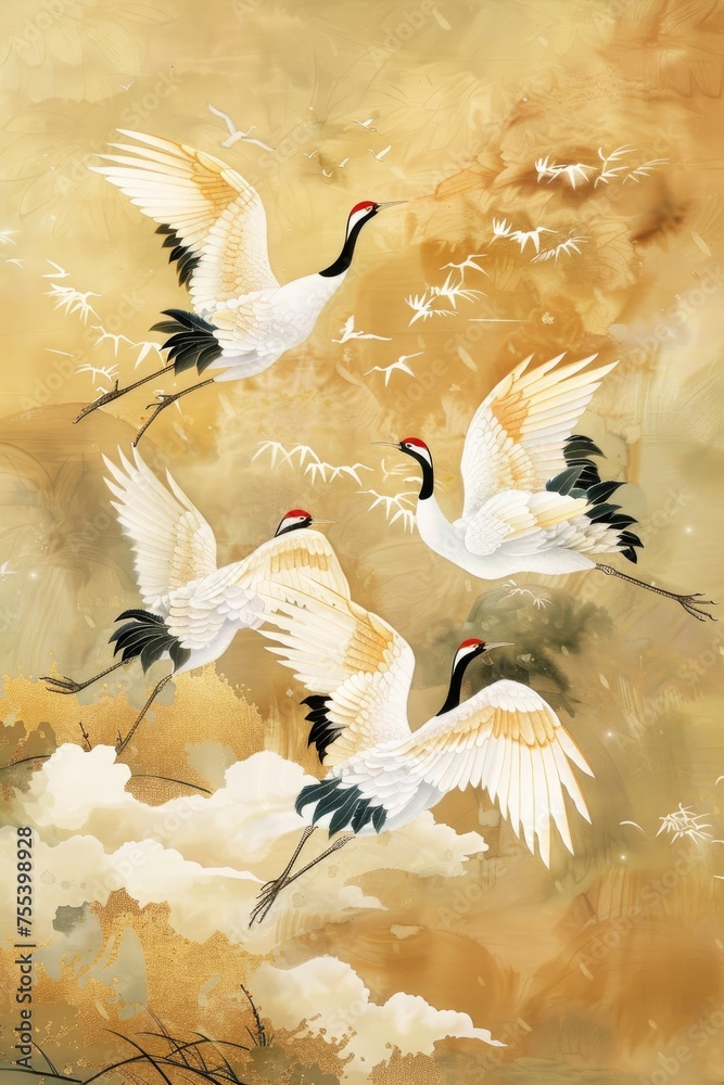 Golden Skies Traditional Chinese Painting Featuring Cranes Soaring Against a Radiant Golden Background, Capturing the Timeless Beauty of Oriental Artistry.