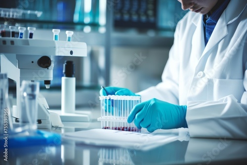 
Photography of modern equipment used for blood analysis with a focus on a blood sample tube held by a young male scientist