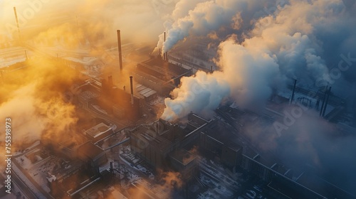 Industrial metal works factory emitting pollution and smoke  causing environmental issues captured in aerial photos during sunrise.
