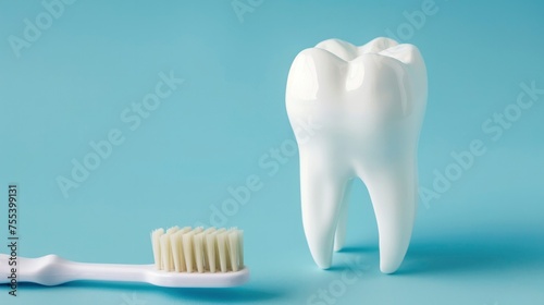 Tooth with toothbrush isolated on a blue background.