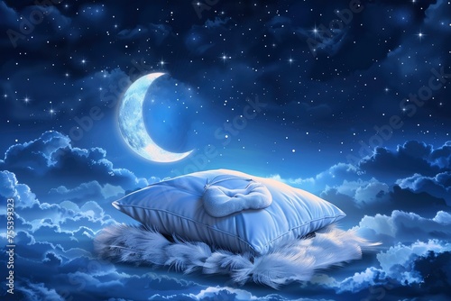 A bed in the sky with moonlight shining on it, a feather pillow and eye patch, a night scene, a sky full of stars. World Sleep Day