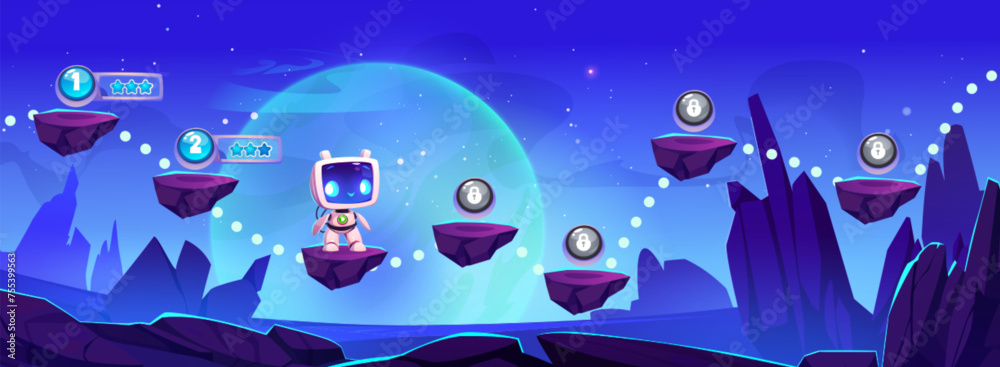 Game level map with jump platform, rating stars and close tier on space alien planet background with stone mountains, rock cliff, celestial body on blue sky and robot astronaut as player character.