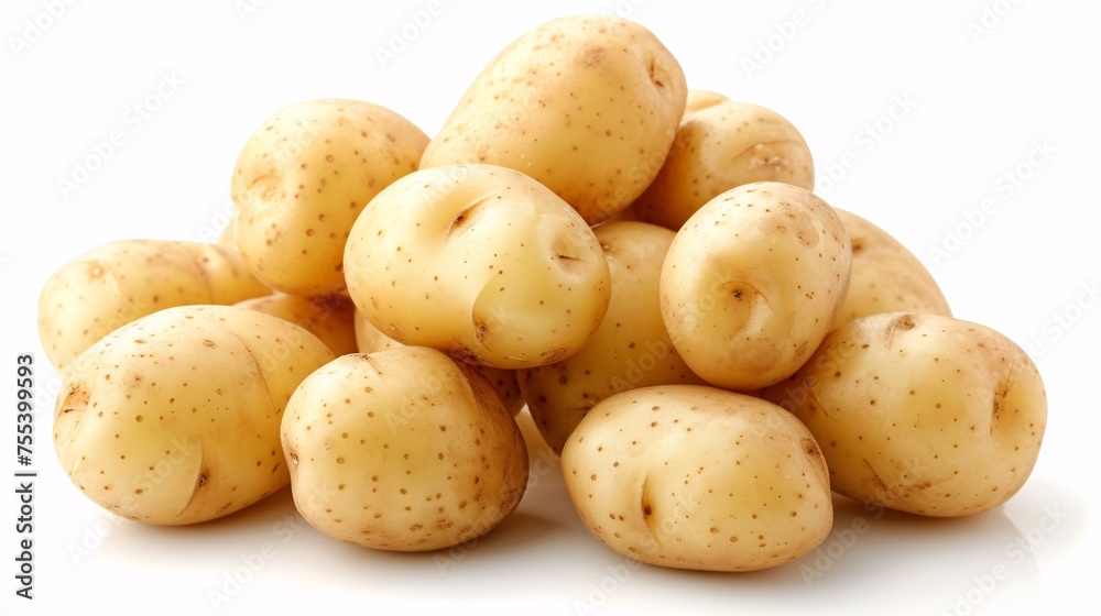 Fresh unpeeled young potatoes on a plain backdrop.