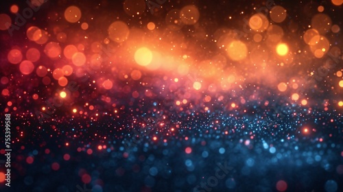 The energy of the cosmos creates a blurred bokeh effect with out of focus lights on a dark backdrop of colored particles.