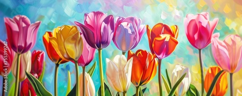 Tulips in Technicolor. Oil Painting of Rainbow Tulips  Bursting with Vibrant and Lively Colors  Radiating Joy and Cheerfulness.