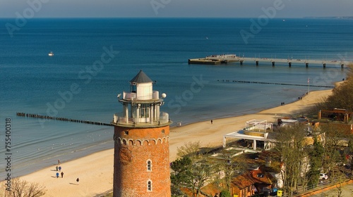 Fototapeta Naklejka Na Ścianę i Meble -  A sunny day in February at Kołobrzeg port, Poland. The image captures a red brick lighthouse, tourists strolling on the sandy beach, and a distant pier, with calm sea waters.