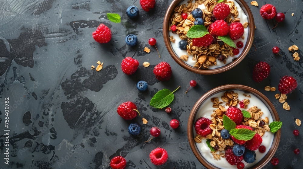 Yogurt bowls with granola and fresh berries. Flat lay food photography.