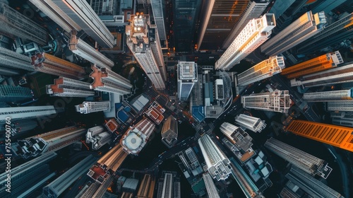 Aerial view of densely packed skyscrapers. Urban landscape photography.