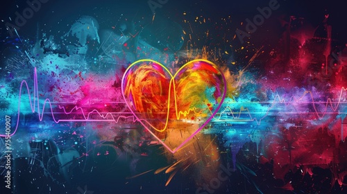 Abstract colorful heart with sound wave pattern on a vibrant background.