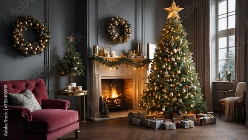christmas tree with fireplace and christmas decorations © thushara