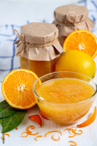 Homemade orange and lemon jam with zest.