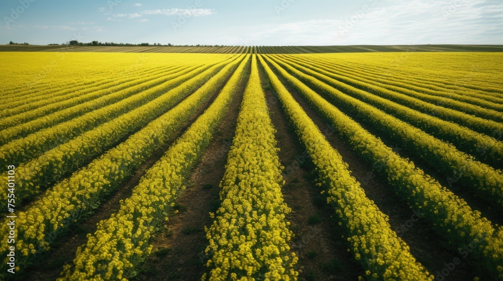 A picturesque field of yellow flowers under a clear blue sky. Ideal for nature and outdoor concepts