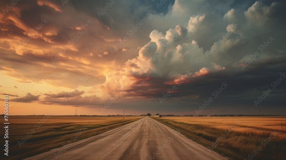 Rural dirt road in a field under dramatic cloudy sky. Ideal for nature and landscape themes