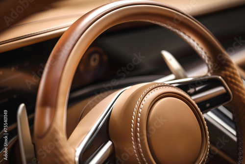 Leather-wrapped steering wheel in quiet luxury car closeup. Serene interior of vehicle provides peaceful refuge from urban clamor. Cocoon of comfort photo