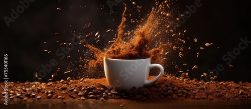 A cup filled with coffee erupts into the air, with droplets and steam flying upwards. The explosion of coffee creates a dynamic and chaotic moment captured in time. © TheWaterMeloonProjec
