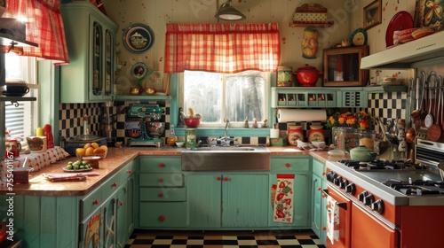 Vintage kitchen interior with retro appliances and colorful decor.